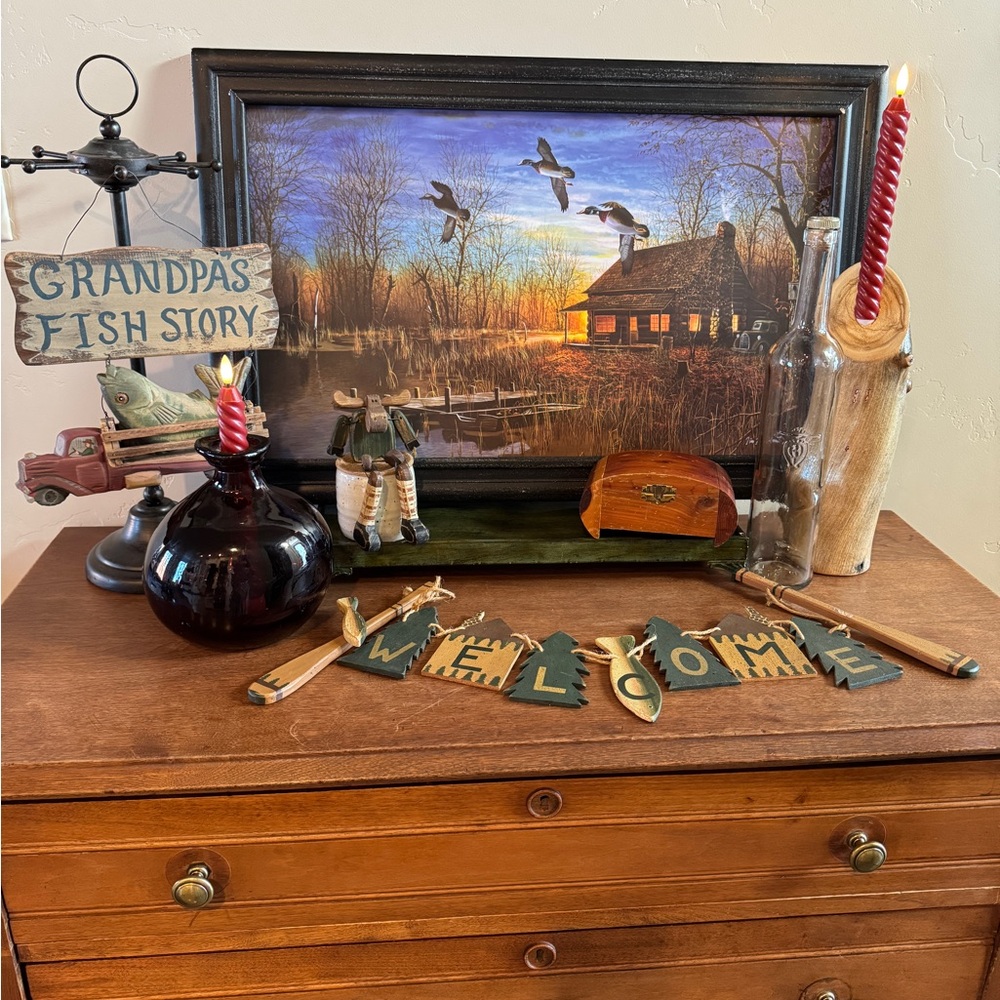 Grandpa Rustic Cabin Fishing Decor Lot Jim Hansel Passing Through Print Art MCM